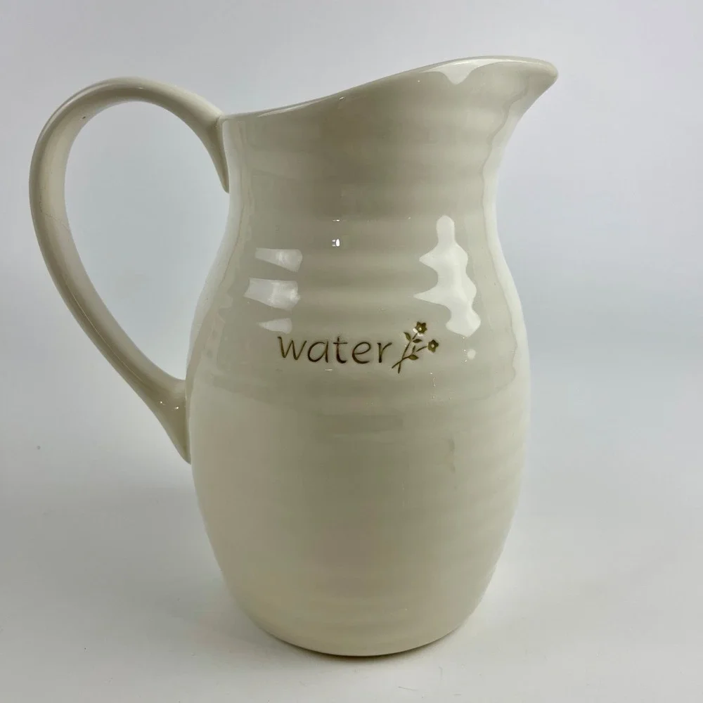 Pottery Barn Garden Salad Water Pitcher Cream Stoneware Ribbed Farmhouse 8.75in